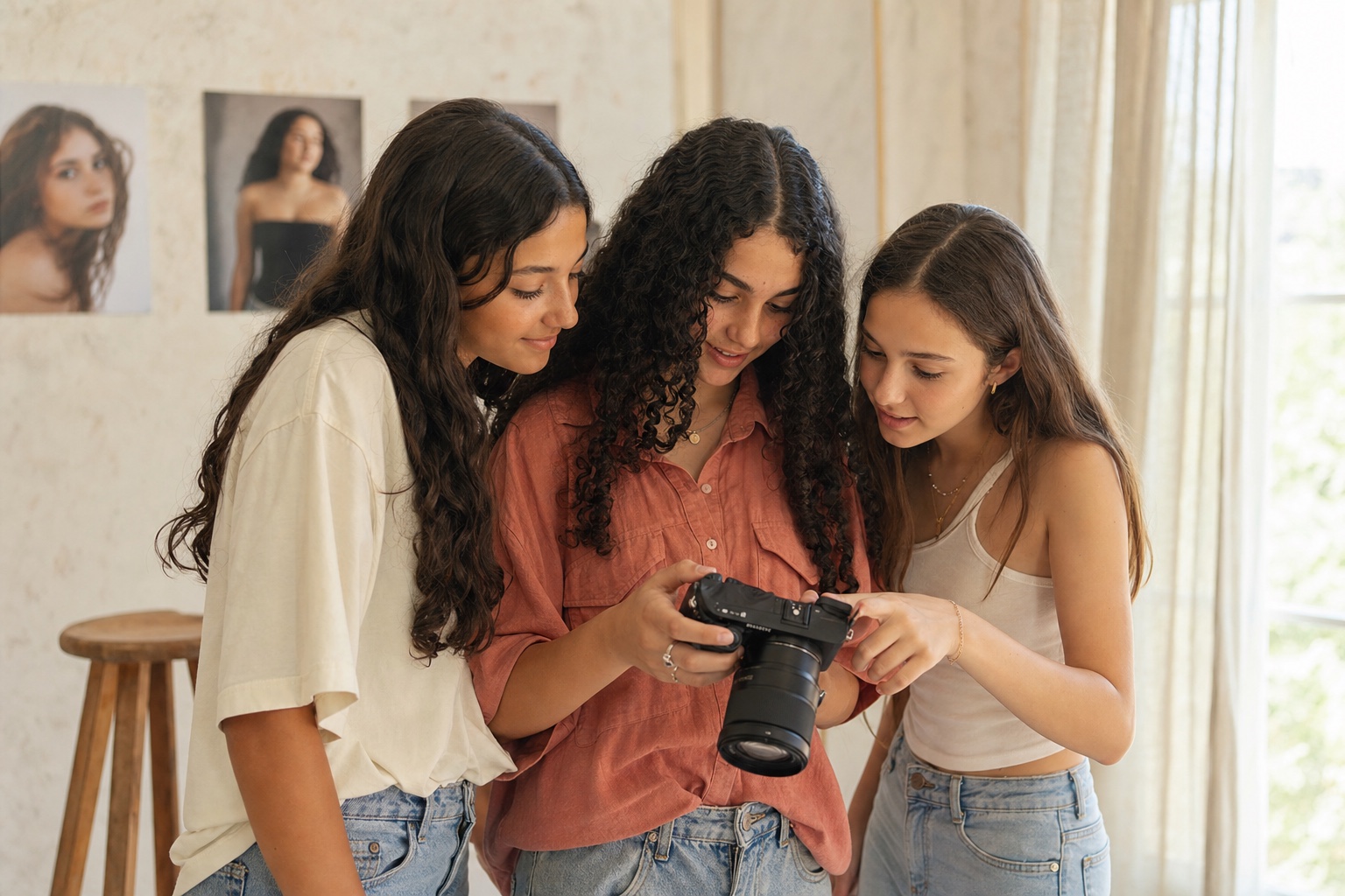 שלוש נערות ישראליות מתבוננות יחד בתמונה שצילמו בסדנת צילום